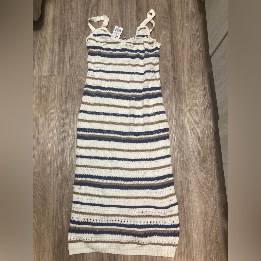 FRESHMAN Juniors NWT Knitted Crochetted Striped Navy Cream Tan Maxi Dress XL